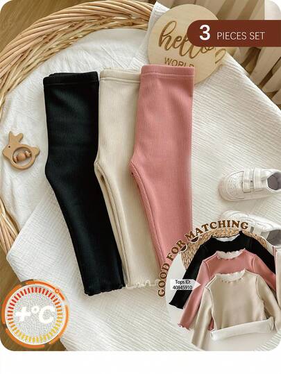 3pcs Casual Cute Versatile Solid Color Elastic Waist Knit Pants