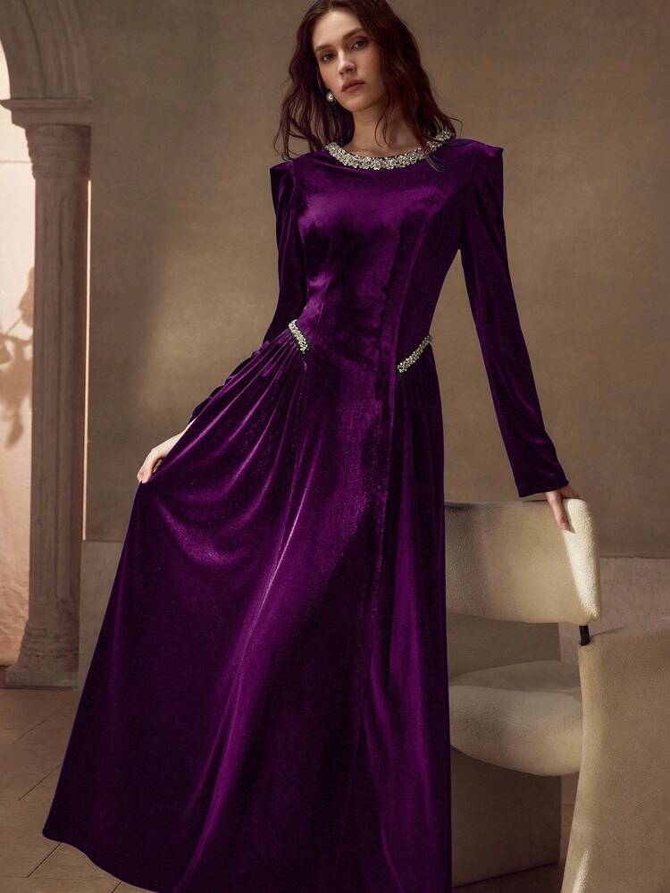 VELVET RHINESTONE & FAUX PEARL TAPE ELEGANT PARTY DRESS