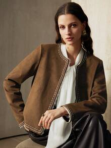 Revavyn Áo khoác cardigan nữ cổ tròn vải trơn thêu họa tiết, thích hợp cho việc đi lại hàng ngày - Màu Khaki - Xem 1
