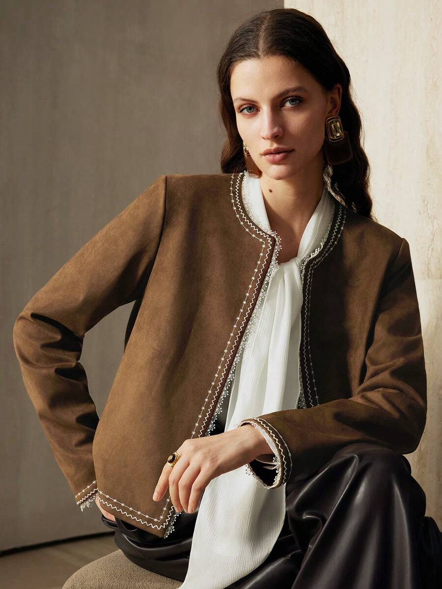 Revavyn Áo khoác cardigan nữ cổ tròn vải trơn thêu họa tiết, thích hợp cho việc đi lại hàng ngày - Màu Khaki - Xem 1