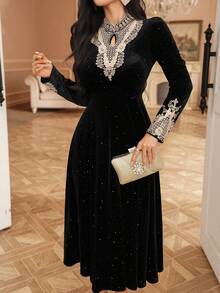 DAZY فستان طويل أنيق من الفلفت والترتر للنساء، ذو تأثير نحيف على الطراز الفرنسي الراقي، فستان حفلة خريف/شتاء - الأسود - مشاهدة 7