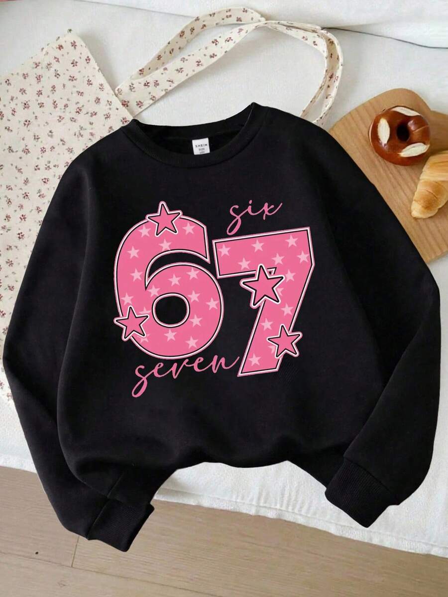 Sparklyn 少女秋冬舒适休闲时尚创意个性清新别致简约数字67粉色五角星字母标语印花宽松圆领卫衣，秋冬季穿着舒适 - 黑色 - 查看 1