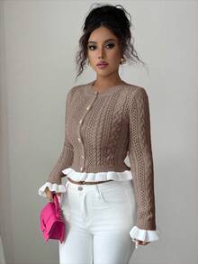 Elenzga Women's Autumn New Knitted Fitted Round Neck Ruffle Cuff Short Cardigan, Metal Button Design, Sweet, Versatile For Date And Valentine's Day - Apricot - View 6