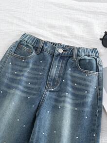 少女水钻装饰休闲牛仔裤 - 中等水洗藍 - 查看 3