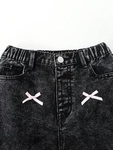 SHEIN ChillGRL 2025秋冬季少女时尚宽松阔腿牛仔裤，饰有可爱蝴蝶结，复古Y2K学院风街头休闲可爱90年代复古风 - 黑色 - 查看 7