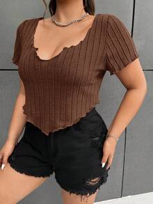SHEIN EZwear Plus Size Women Chocolate Brown Ribbed Casual Versatile T-Shirt, Short Sleeve Coffee Brown Top - Chocolate Brown - View 3