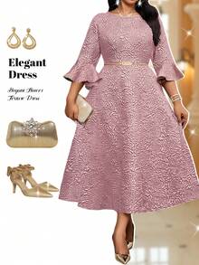 Fleurora Autumn And Winter Elegant Party Wedding Plus Size Women Floral Jacquard Flare Sleeve Elegant Dress Pink Dresses For Women Christmas Party Dress New Year Dress Elegant Dresses For Women Plus Size Formal Dress Elegant Midi Dress Pink Elegant Dress Jacquard Dress Pink Dress For Women Church Dress For Women Floral Dress Elegant Dresses For Party Valentine's Day Outfit - Dusty Pink - View 4