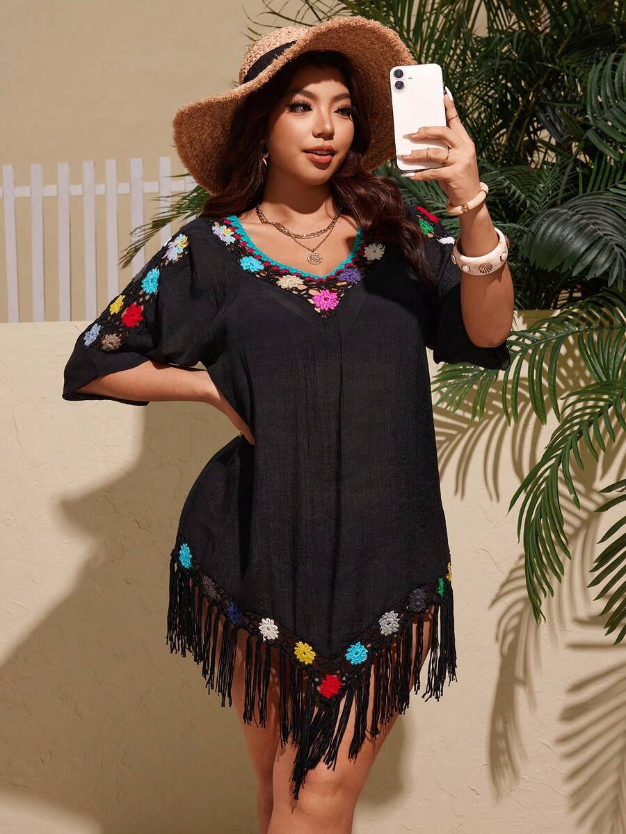 Swim Lushoire Plus Size V-Neck Loose Flowy Tassel Decor Crochet Trim Beach Cover Up - Black - View 1