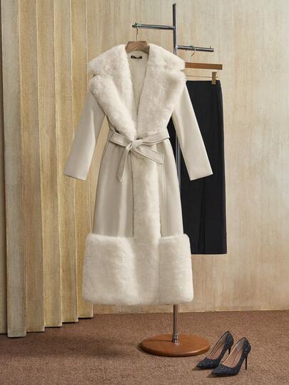 Anewsta 长款人造皮草大衣（配腰带），蓬松蓬松的毛皮拼布，秋冬