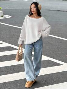 SHEIN EZwear Áo len dài tay cổ lệch màu trơn, kiểu dáng thường ngày, đa năng, thích hợp mặc mùa thu/đông. - trắng - Xem 4