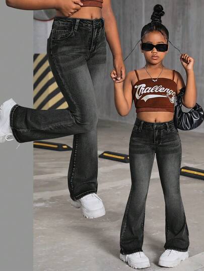 SHEIN 少女Y2K复古水洗高腰猫须喇叭牛仔裤，少女秋季返校街头风穿搭