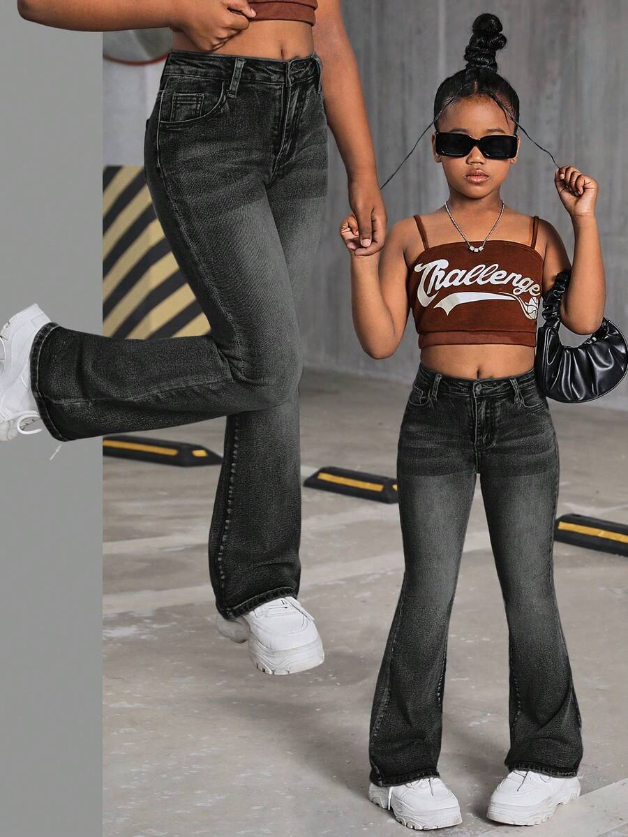 SHEIN 少女Y2K复古水洗高腰猫须喇叭牛仔裤，少女秋季返校街头风穿搭 - 黑色 - 查看 1