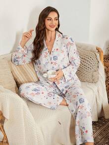 Serenescape Women Loose Comfortable Ocean Print Lapel Long Sleeve Pajama Set Lounge Sets For Women Sleepwear Women Pj Sets Floral Pj Set Pajamas Set For Woman - Multicolor - View 5