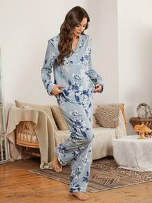 Serenescape 女士印花泡泡领开衫和裤子睡衣套装，度假风 - 彩色 - 查看 1