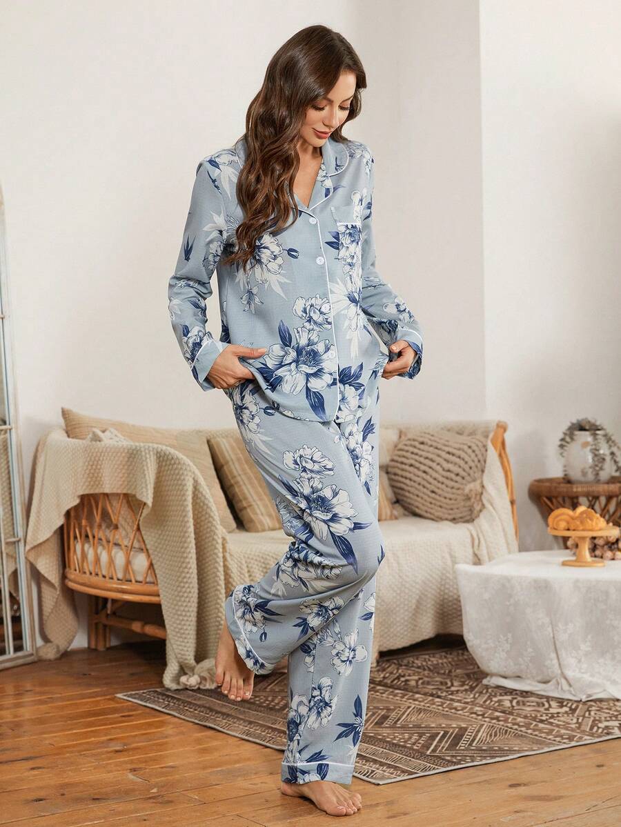 Serenescape 女士印花泡泡领开衫和裤子睡衣套装，度假风 - 彩色 - 查看 1