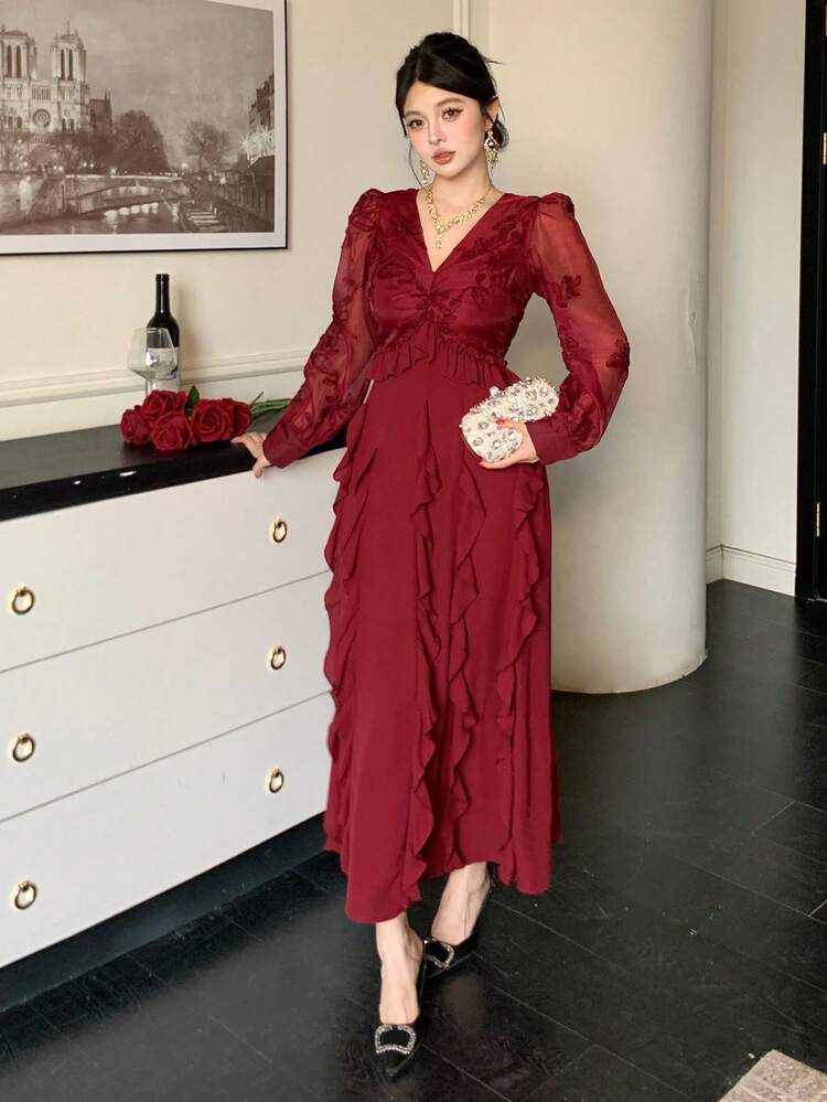 Women's Fashionable Elegant Ruffle V-Neck Mid-Length Dress