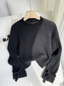 Comfortable Black Knit Cuff Tie Loose Pullover Sweater,Cute Back-To-School Autumn Clothes For Tween Girl,School Bow Sleeve Casual Versatile Simple Top - Coffee Brown - View 3