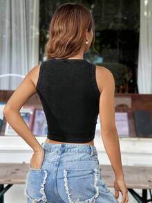Muchica Áo tank top xếp ly viền cong kiểu vintage mùa hè - Màu xám đen - Xem 3
