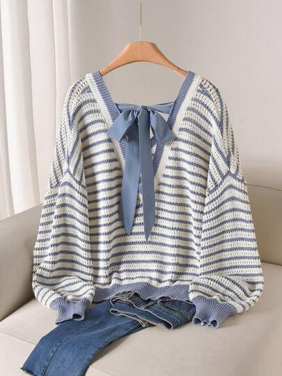 CosyJoli Plus Size Women V-Neck Bowknot Backless Casual Loose Knit Sweater