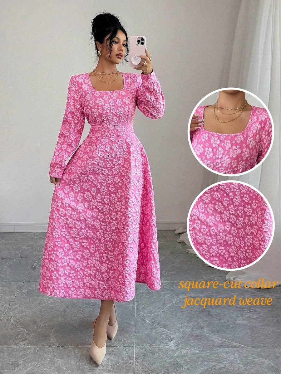 Rafferiza Robe longue à manches longues Raffinéa, élégante et romantique, avec un motif floral texturé. Tissu jacquard gaufré. Convient pour les réunions entre sœurs, les rendez-vous de couple, une tenue élégante et romantique. - Rose bonbon - Voir 1