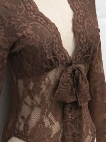 GlowEve Solid Color Deep V-Neck Lace Patchwork Sheer Sexy Long Sleeve Bodysuit - Brown - View 5