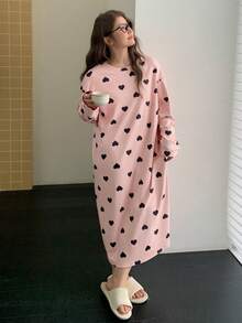 Dazy Plus 加大码爱心花卉印花圆领宽松可爱休闲加大码女式长款针织睡裙 - 粉色 - 查看 5