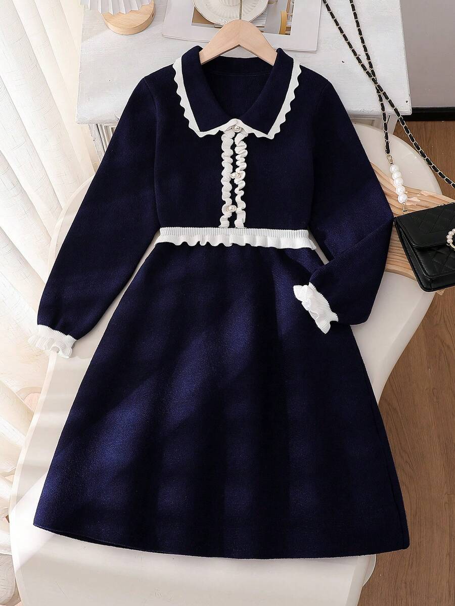 少女撞色长袖毛衣连衣裙 少女藏蓝色翻领连衣裙 少女藏蓝色长袖连衣裙 校服连衣裙 少女深蓝色连衣裙 少女藏蓝色校服连衣裙 长袖少女优雅深蓝色连衣裙 - 藏蓝色 - 查看 1