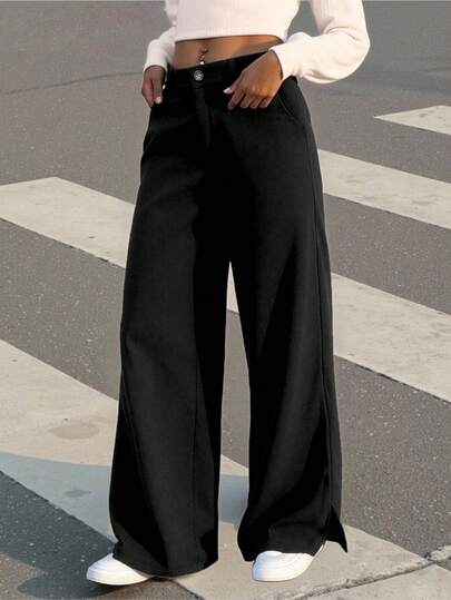 EMERY ROSE Pantalones casuales sueltos de unicolor con diseño de dobladillo con abertura lateral para mujer de talla grande