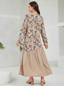 Lacomfia Women's Floral Print Loose Fit Long Sleeve Casual Dress - Khaki - View 2