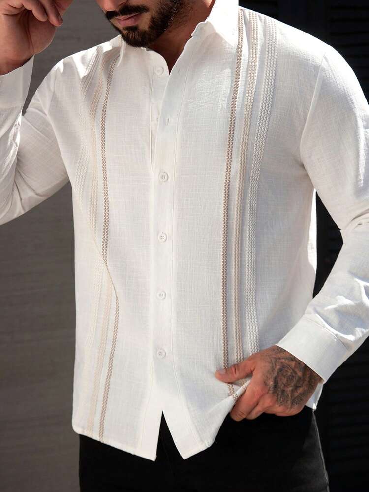 Manfinity Homme Men's Long Sleeve Single-Breasted Casual Dress Shirt Guayabera Shirt Men White Laced Mens Shirt Beach Clothes For Men White Cream - White - View 5