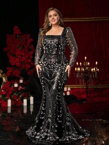 Glamrae Plus Size Elegant Classy Luxury Black Beaded Embroidered Square Neck Long Sleeve Fitted Mermaid Hem Dress Winter Formal Dinner Evening Party Halloween - Black - View 8