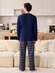 CoupledUp Men's Casual Solid Color Round Neck Half-Zip Fleece Long Sleeve Top And Plaid Pants Pajama Set - Navy Blue - View 5