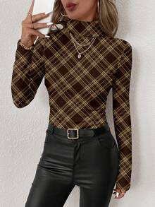 SHEIN Clasi 女士休闲格子印花高领打底衫 - 彩色 - 查看 5