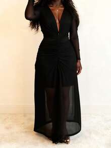 Slaydiva 2025春夏新款加大码音乐节、复活节、圣诞节、生日派对、毕业季、学院风、学生装、日常休闲、百搭基础款、休闲、邮轮旅行、海滩、日光浴、爆款、街头风、婚礼宾客波西米亚风、通勤、早午餐、机场、Y2K、乡村复古、假日新年情人节优雅浪漫性感派对长袖网纱拼接透视低领荷叶边长裙 - 黑色 - 黑色 - 查看 2