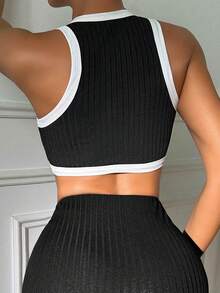SHEIN PETITE Top de punto acanalado con dobladillo asimétrico y ribete de contraste para mujer - Negro - Ver 2