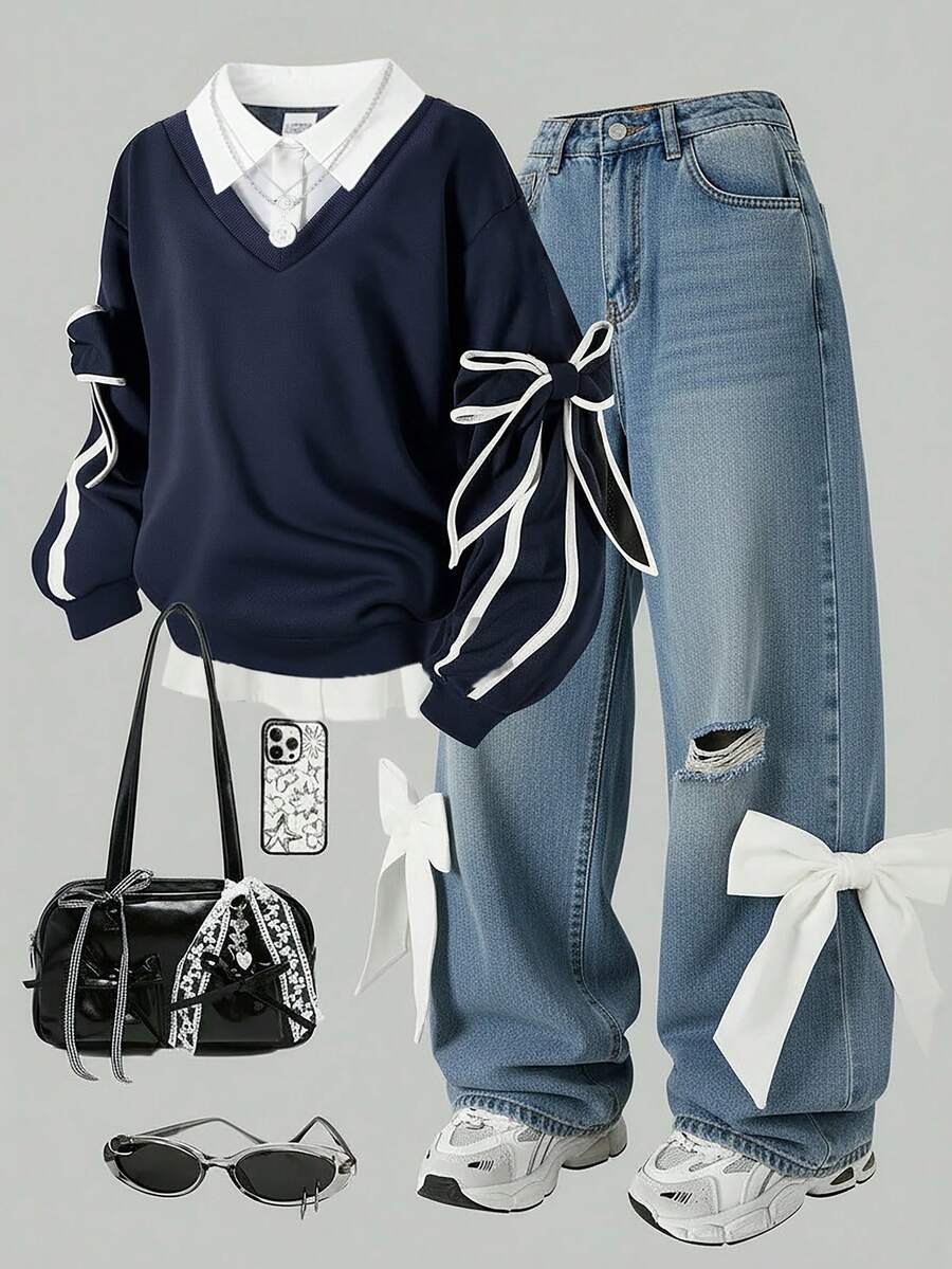 SHEIN Sparklyn Teen Girl Casual Pullover Sweatshirt, 2 In 1 Sweatshirt With Shirt Collar, Numeric & Letter, Leopard Print Pattern, Loose Fit - Navy Blue - View 1