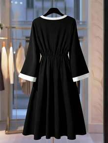 GlowEve CURVE Đầm dài tay thanh lịch họa tiết khối màu cỡ lớn dành cho nữ - Đen và trắng - Xem 2