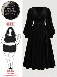 SHEIN CURVE+ Plus Size Velvet Cinched Waist Lantern Sleeve Midi Dress/Christmas Dress - Black - View 1