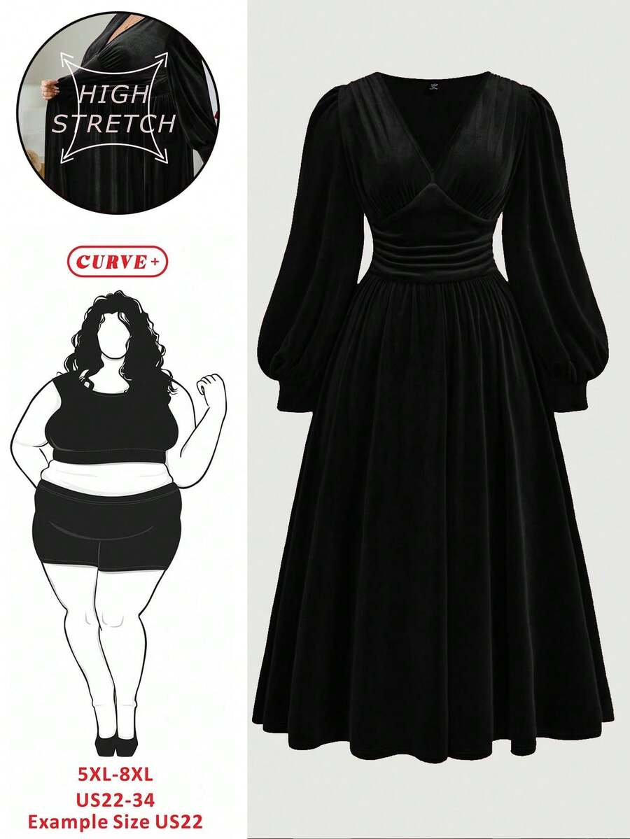 SHEIN CURVE+ Plus Size Velvet Cinched Waist Lantern Sleeve Midi Dress/Christmas Dress - Black - View 1
