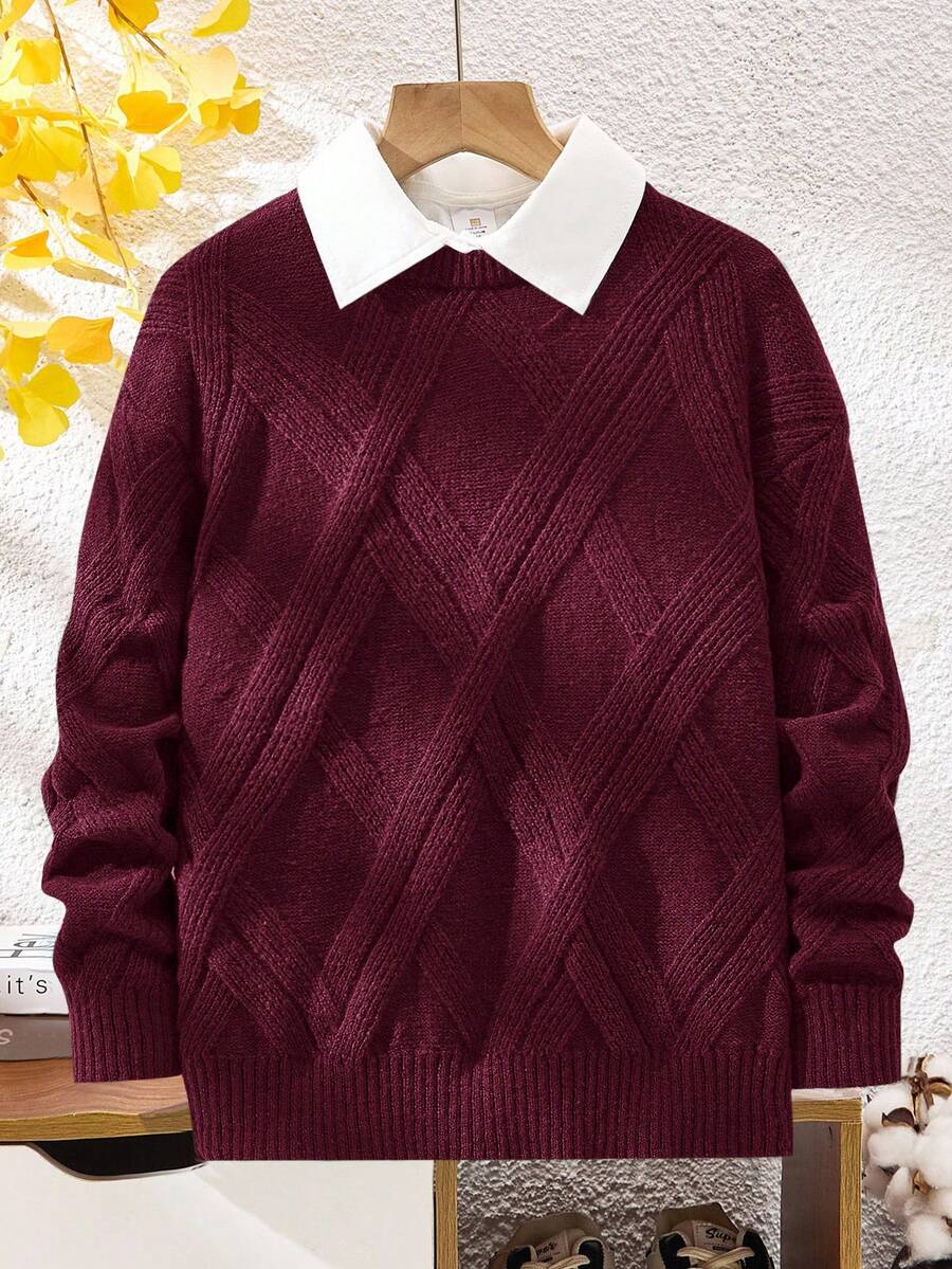 Tweenboy Casual Christmas Green Textured Crew Neck Sweater, Suitable For Winter, School And Travel