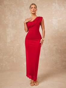 Lumalex 2025新款夏季海滩度假复活节波西米亚风海滩户外婚礼季派对成人仪式返校派对优雅安哥拉红色网纱单肩褶皱修身包臀长裙女式红色婚礼宾客礼服红色单肩连衣裙 - 紅色 - 查看 6