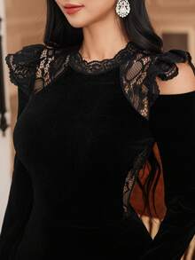 DAZY 女士纯色立领长袖蕾丝拼接修身长款礼服舞会礼服 - 黑色 - 查看 1