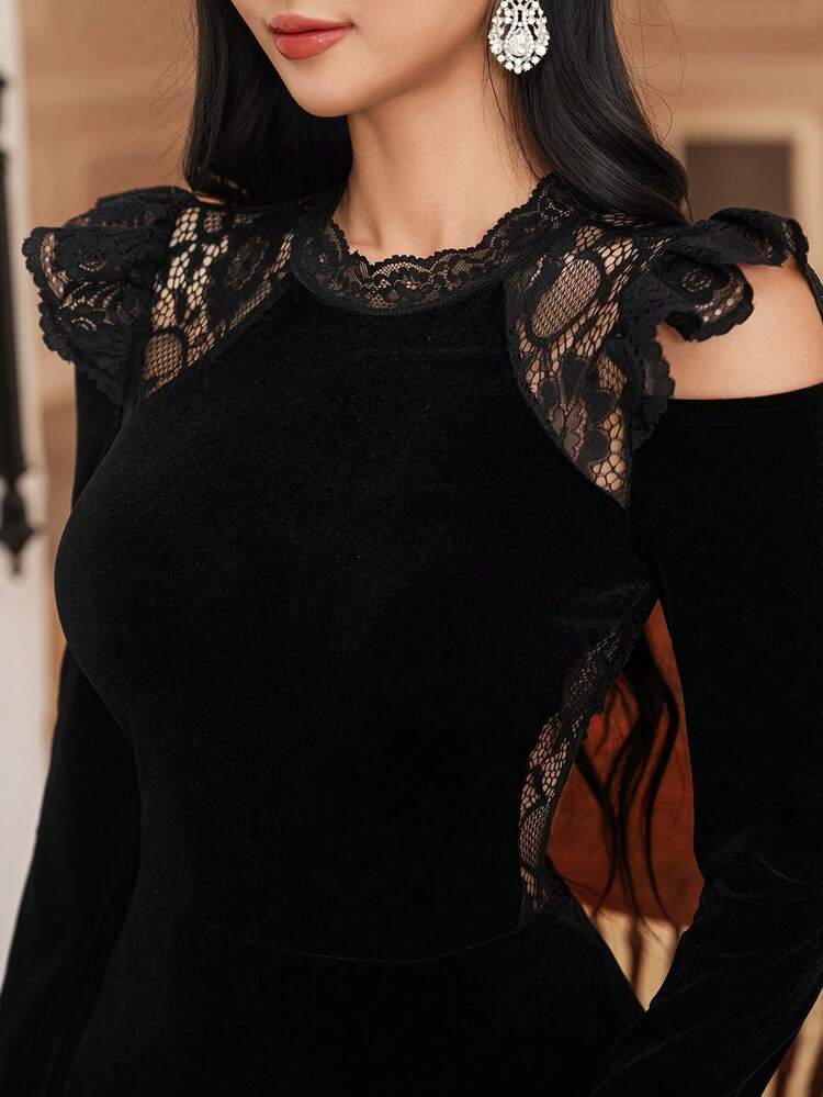Women's Solid Color Stand Collar Long Sleeve Lace Patchwork Fitted Long Dress Prom Dress