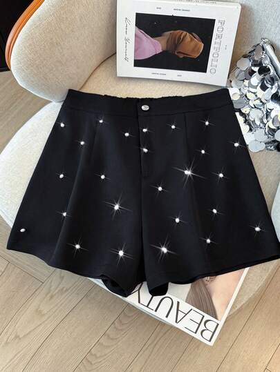 GlowEve CURVE Plus Size Women Pearl Decor Placket Button Casual Elegant White Shorts, Versatile For Commute, Party & Gathering