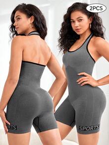 Eassivo Eassivo 2pcs/Set Halter Pilates Yoga Jumpsuit, Sports Jumpsuit - Grey - View 6