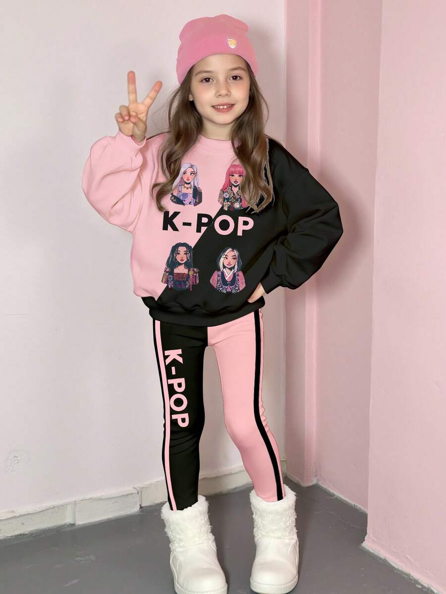 2pcs Young Girls Casual K-Pop Cartoon Character Print Long Sleeve Crew Neck Sweatshirt And Knit Leggings Set, Colorblock Graphic, Comfortable Knit Long Sleeve Outfit For Girls, Suitable For Autumn/Winter - Multicolor - View 1