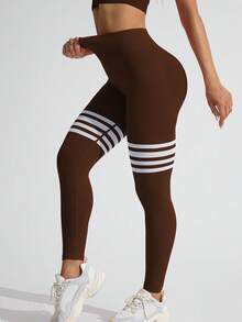 Velisys Velisys 女士纯黑色和深咖啡色条纹紧身裤，褶皱腰部设计，性感提臀，适合瑜伽和健身 - 彩色 - 查看 2