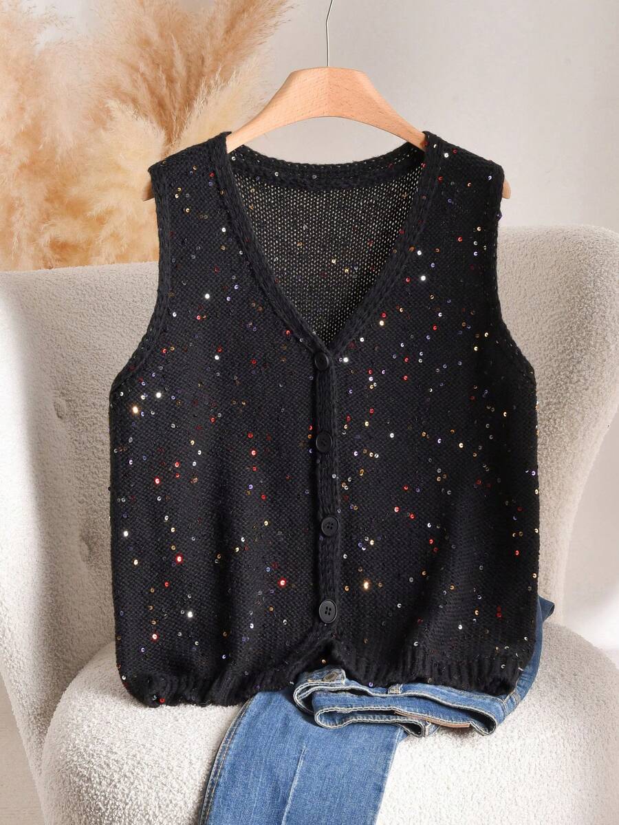 CosyJoli 大码秋冬羊毛上衣、羊毛背心、亮片羊毛服装、休闲女装、秋冬保暖女式上衣、卡其色羊毛上衣 - 黑色 - 查看 1