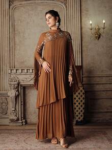 Anewsta Váy dài tay xếp ly ren chữ A thanh lịch màu kaki mới dành cho nữ, váy dạ hội - Màu Khaki - Xem 4