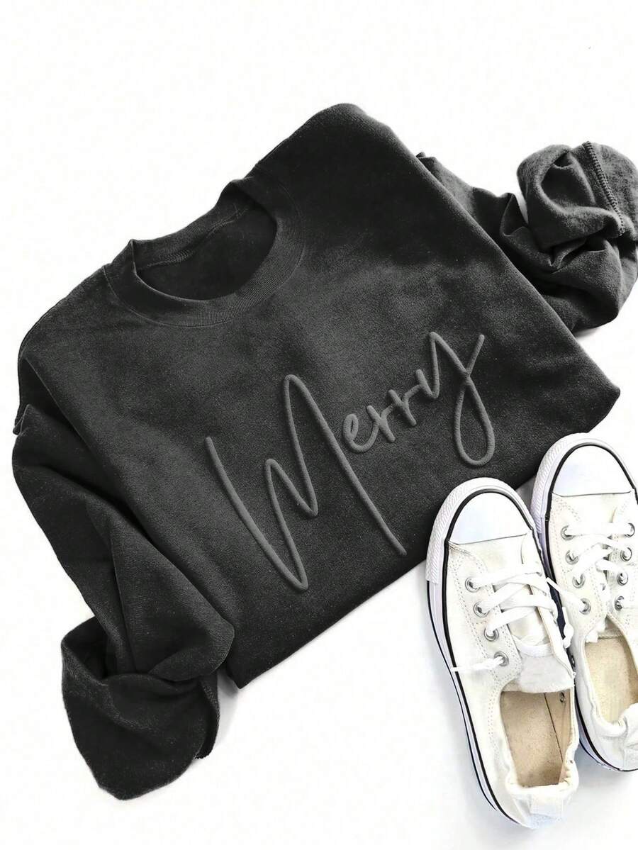 SHEIN LUNE Áo nỉ in chữ "Merry Christmas" dập nổi, màu trơn, cổ tròn, tay dài, thích hợp cho lễ tốt nghiệp, tựu trường, giáo viên, quà tặng gia đình mùa thu/đông, áo nỉ dễ thương cho mẹ, áo nỉ thoải mái cho mẹ - màu đen - Xem 1
